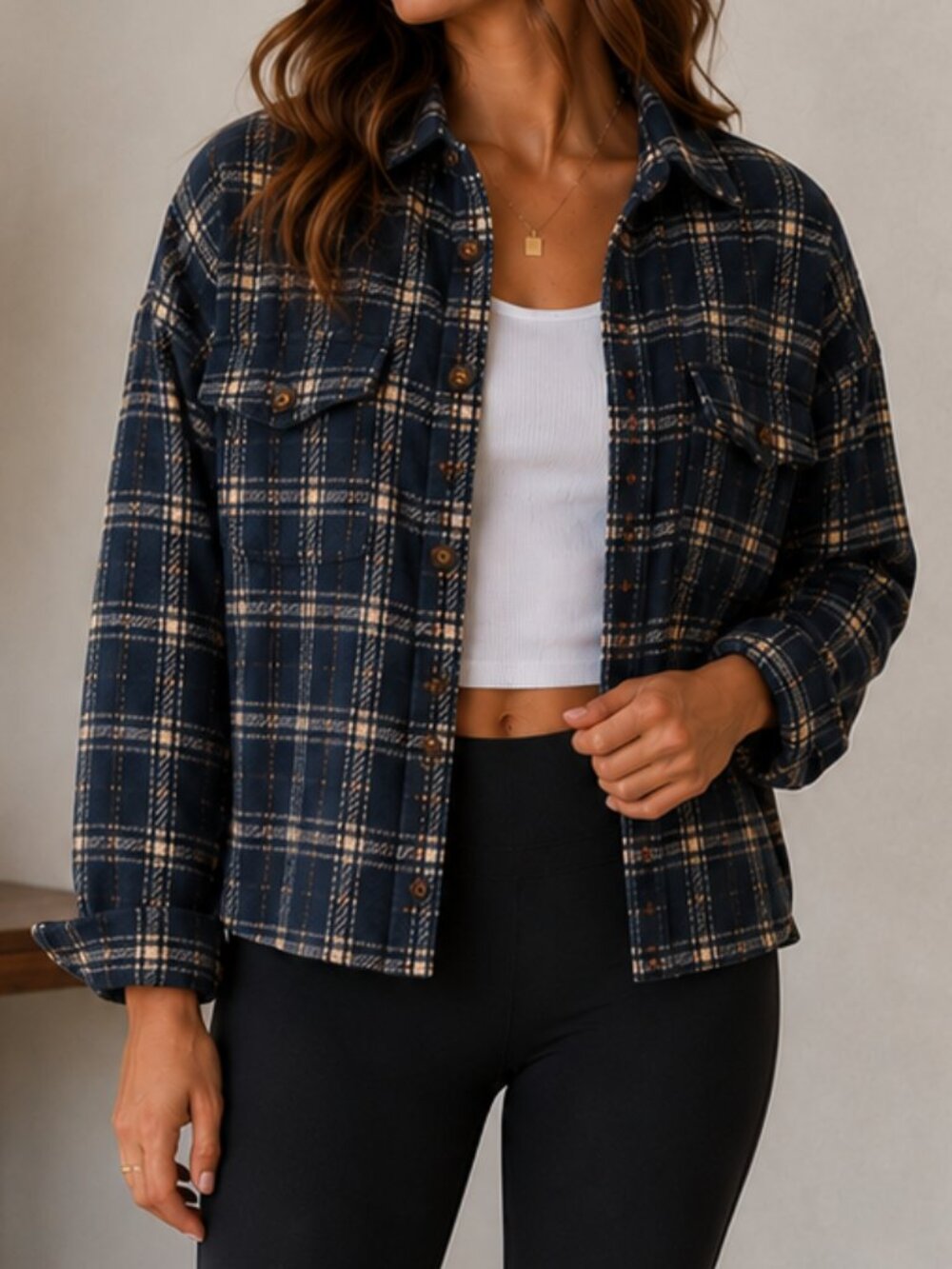 Plaid Flannel Shirt Jacket (Navy)
